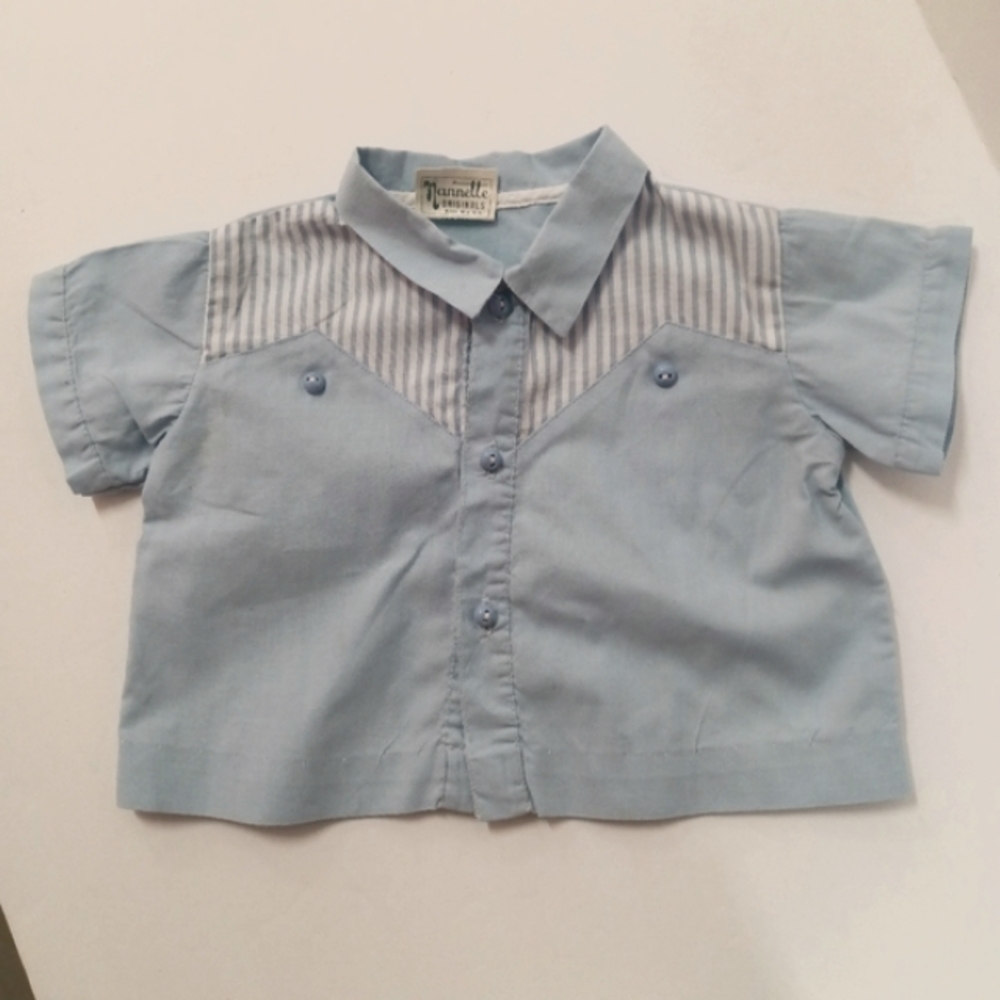 Nannette Vintage 60s Woven Infant Button Front Top Blue & White